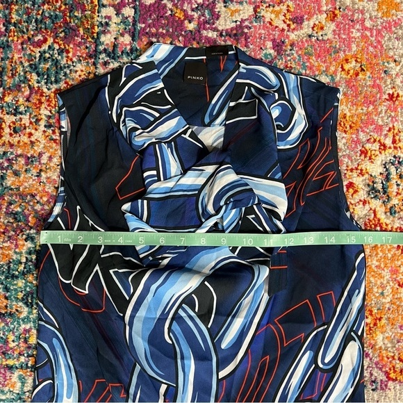 PINKO Logo Chain Print Blue White Sleeveless Tie Bow Blouse‎ - Picture 13 of 14